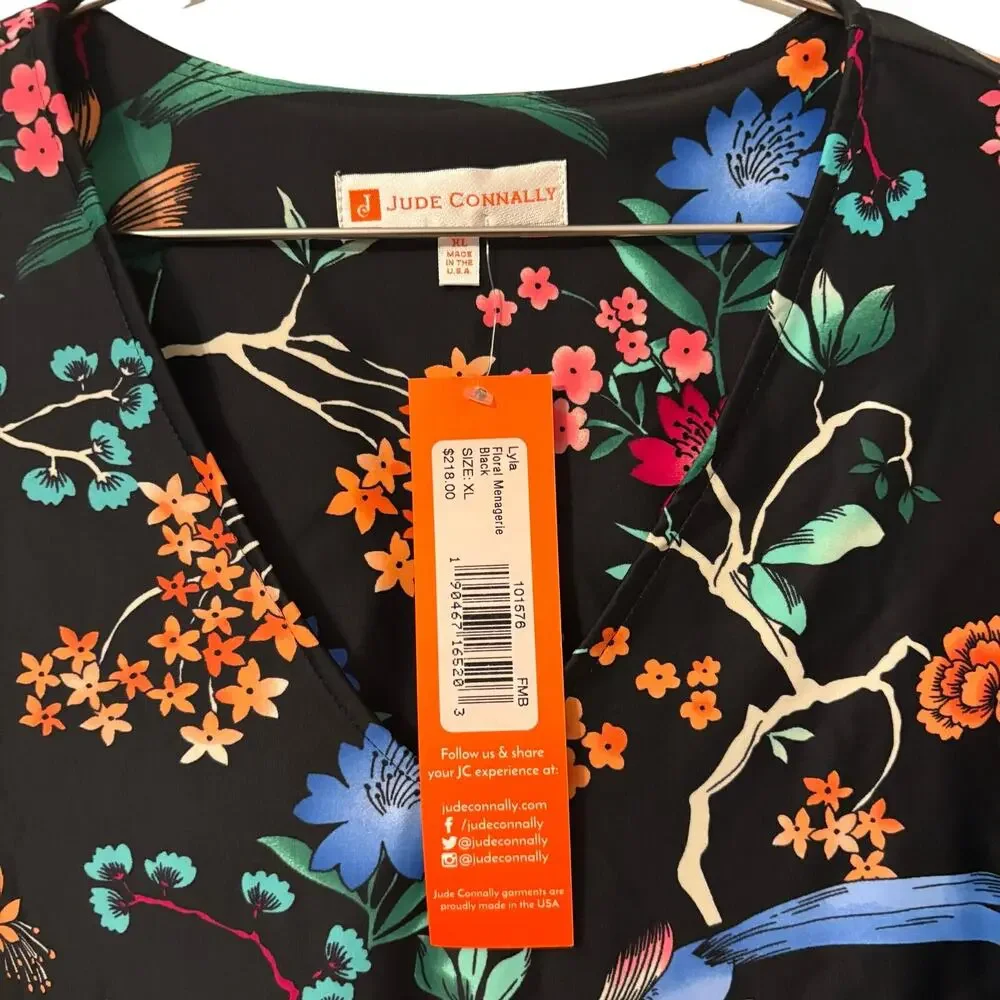 Jude Connally Black Floral Menagerie V Neck Mini Dress XL NEW - Picture 6 of 8